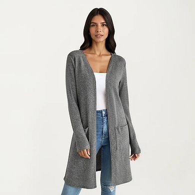 Women's Open Front Long Sleeve Knit Cardigan with Patch Pockets Stretch Fabric and Relaxed Fit