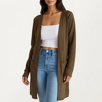 Women's Open Front Long Sleeve Knit Cardigan with Patch Pockets Stretch Fabric and Relaxed Fit