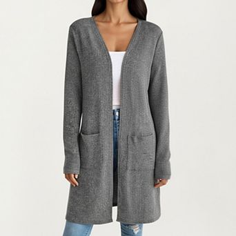 Women's Open Front Long Sleeve Knit Cardigan with Patch Pockets Stretch Fabric and Relaxed Fit
