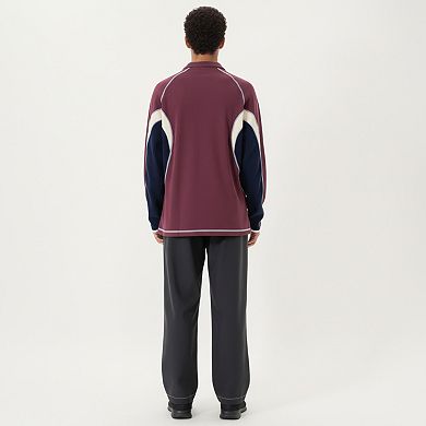 Men's Long Sleeve Half Zip Pullover Top with Color Block Panels and Contrast Seam Detailing