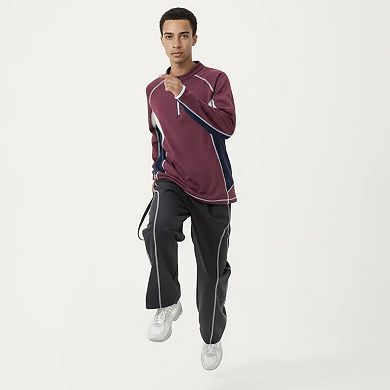 Men's Long Sleeve Half Zip Pullover Top with Color Block Panels and Contrast Seam Detailing