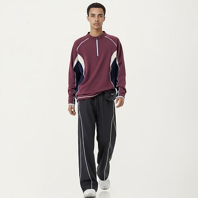 Men's Long Sleeve Half Zip Pullover Top with Color Block Panels and Contrast Seam Detailing