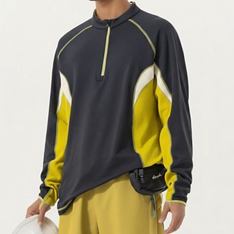 Men's Long Sleeve Half Zip Pullover Top with Color Block Panels and Contrast Seam Detailing