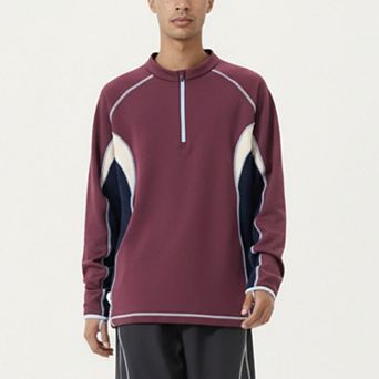 Men's Long Sleeve Half Zip Pullover Top with Color Block Panels and Contrast Seam Detailing