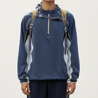 Men's Long Sleeve Half Zip Pullover Top with Color Block Panels and Contrast Seam Detailing