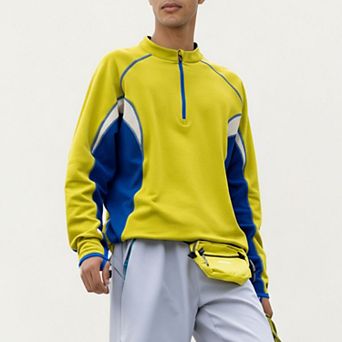 Men's Long Sleeve Half Zip Pullover Top with Color Block Panels and Contrast Seam Detailing