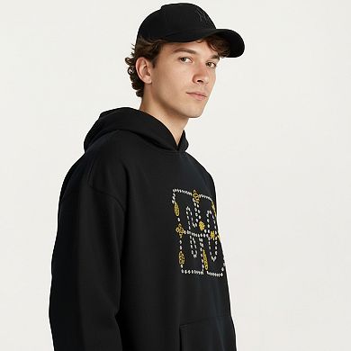 Men's Embroidered Pullover Hoodie with Front Pocket and Relaxed Fit