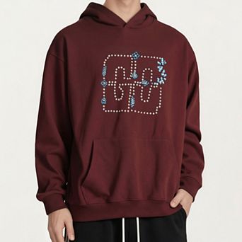 Men's Embroidered Pullover Hoodie with Front Pocket and Relaxed Fit