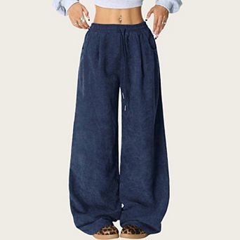 Women's High Waist Wide Leg Lounge Pants with Adjustable Drawstring Waist Soft Textured Knit Fabric
