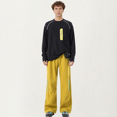 Men's Long Sleeve Crew Neck Pullover Top with Textured Knit Fabric and Zipper Chest Pocket