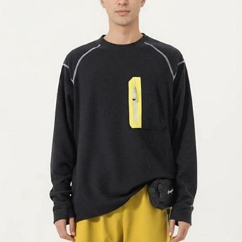 Men's Long Sleeve Crew Neck Pullover Top with Textured Knit Fabric and Zipper Chest Pocket