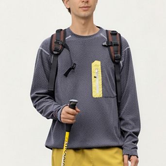 Men's Long Sleeve Crew Neck Pullover Top with Textured Knit Fabric and Zipper Chest Pocket