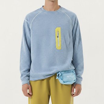 Men's Long Sleeve Crew Neck Pullover Top with Textured Knit Fabric and Zipper Chest Pocket