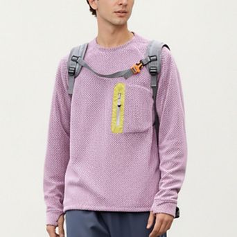 Men's Long Sleeve Crew Neck Pullover Top with Textured Knit Fabric and Zipper Chest Pocket