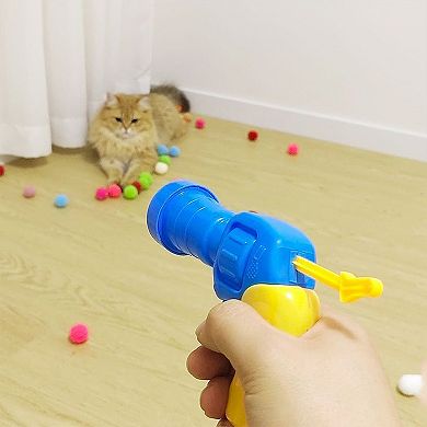 Interactive Cat Ball Tossing Toy Set with Handheld Play Tool and Soft Pom Balls
