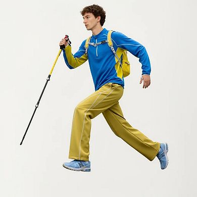 Men's Long Sleeve Half Zip Pullover Top with Textured Knit Fabric and Contrast Panel Detailing