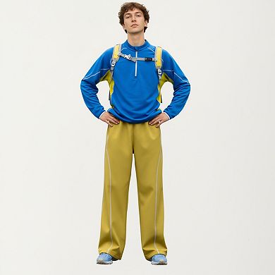 Men's Long Sleeve Half Zip Pullover Top with Textured Knit Fabric and Contrast Panel Detailing