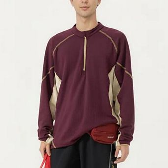 Men's Long Sleeve Half Zip Pullover Top with Textured Knit Fabric and Contrast Panel Detailing