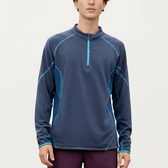 Men's Long Sleeve Half Zip Pullover Top with Textured Knit Fabric and Contrast Panel Detailing