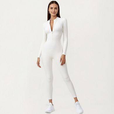 Women's Long Sleeve Full Length Active Romper with Front Half Zip and Sculpted One-Piece Fit