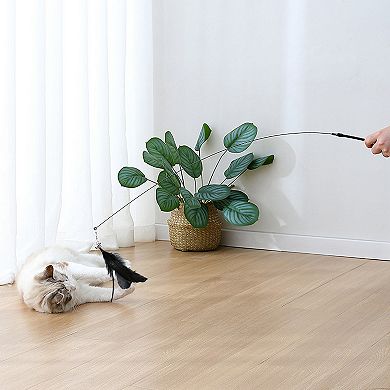 Cat Feather Teaser Toy with Suction Cup Base - Interactive Wand Toy with Bell for Indoor Cats