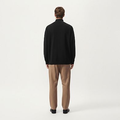 Men's Long Sleeve Button Front Knit Sweater Jacket with Mock Neck Collar and Ribbed Trim