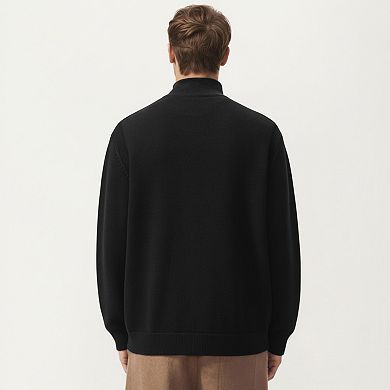 Men's Long Sleeve Button Front Knit Sweater Jacket with Mock Neck Collar and Ribbed Trim