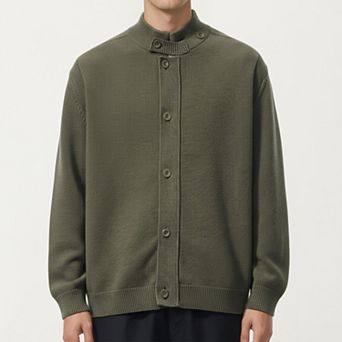 Men's Long Sleeve Button Front Knit Sweater Jacket with Mock Neck Collar and Ribbed Trim