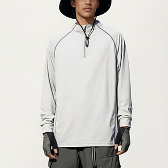 Men's Long Sleeve Half Zip Athletic Top with Stand Collar and Thumbhole Cuffs