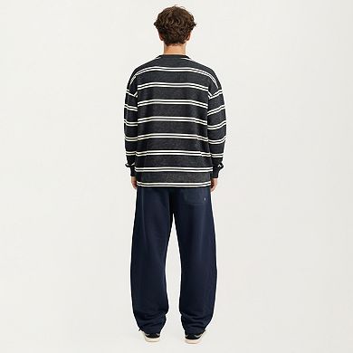 Men's Striped Crewneck Sweatshirt with Ribbed Trim and Relaxed Fit