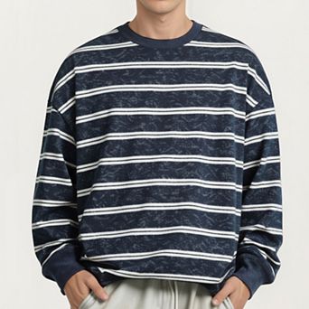 Men's Striped Crewneck Sweatshirt with Ribbed Trim and Relaxed Fit