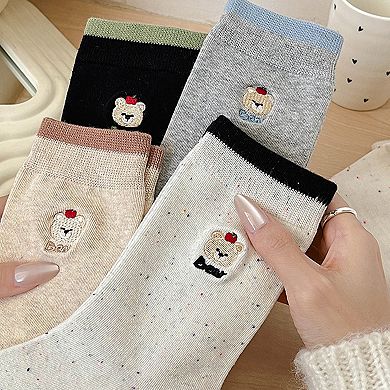 Womens Comfortable Cotton Crew Socks 6 Pairs Soft Embroidered Bear Design