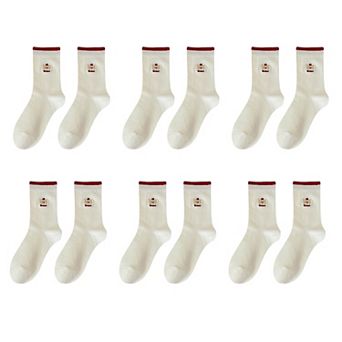 Womens Comfortable Cotton Crew Socks 6 Pairs Soft Embroidered Bear Design