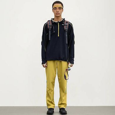 Men's Hooded Long Sleeve Pullover Top with Half Zip Front and Contrast Seam Detailing