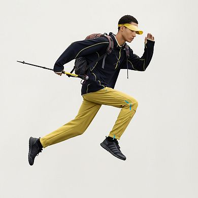 Men's Hooded Long Sleeve Pullover Top with Half Zip Front and Contrast Seam Detailing