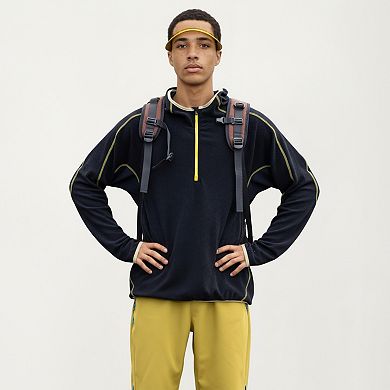 Men's Hooded Long Sleeve Pullover Top with Half Zip Front and Contrast Seam Detailing
