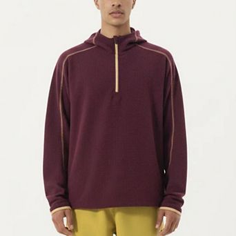 Men's Hooded Long Sleeve Pullover Top with Half Zip Front and Contrast Seam Detailing