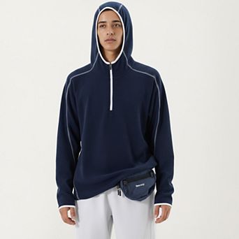Men's Hooded Long Sleeve Pullover Top with Half Zip Front and Contrast Seam Detailing