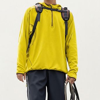 Men's Hooded Long Sleeve Pullover Top with Half Zip Front and Contrast Seam Detailing