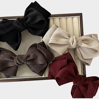 Womens Linen Style Fabric Bow Hair Clips 2 Pack Long Barrettes Secure Hold