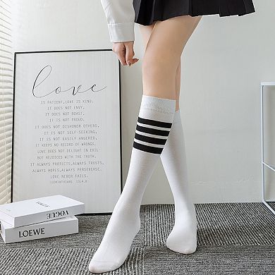 Womens Cotton Crew Socks 6 Pairs Striped Athletic Design Soft Breathable Comfort