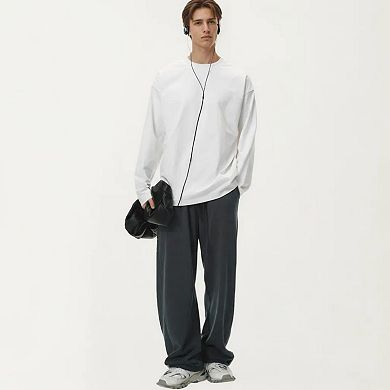 Men's Long Sleeve Crewneck T Shirt with Relaxed Fit and Clean Minimal Design