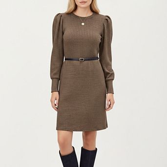 Women's Long Sleeve Ribbed Knit Dress with Puff Shoulders, Crew Neckline, and Soft Stretch Fit
