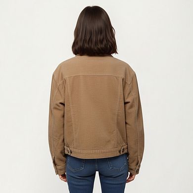 Women's Button Front Utility Jacket with Soft Corduroy Texture and Structured Collar Design