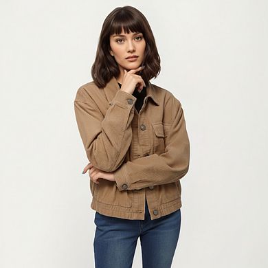Women's Button Front Utility Jacket with Soft Corduroy Texture and Structured Collar Design