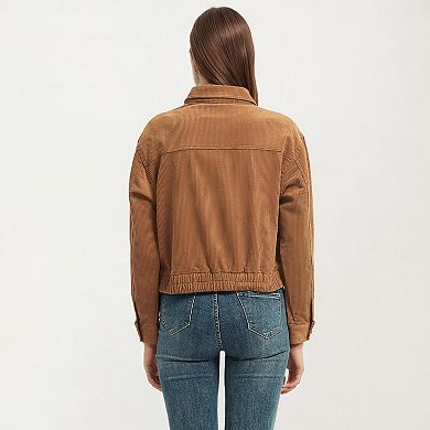 Women's Button Front Utility Jacket with Soft Corduroy Texture and Structured Collar Design
