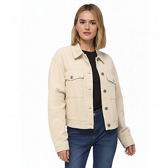 Women's Button Front Utility Jacket with Soft Corduroy Texture and Structured Collar Design