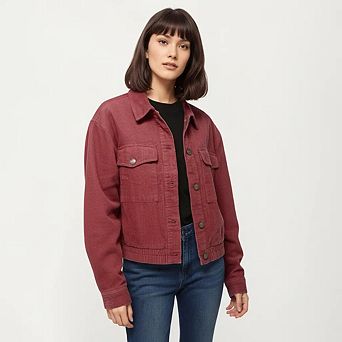 Women's Button Front Utility Jacket with Soft Corduroy Texture and Structured Collar Design