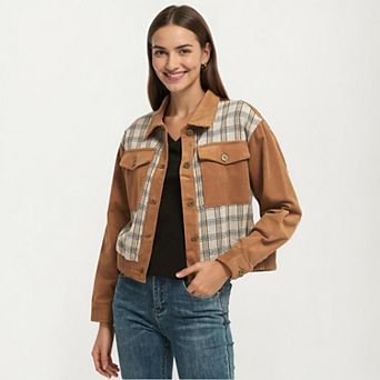Women's Button Front Utility Jacket with Soft Corduroy Texture and Structured Collar Design