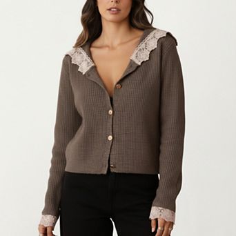 Women's Long Sleeve Ribbed Knit Top with Lace Trim Collar and Button Front Detail